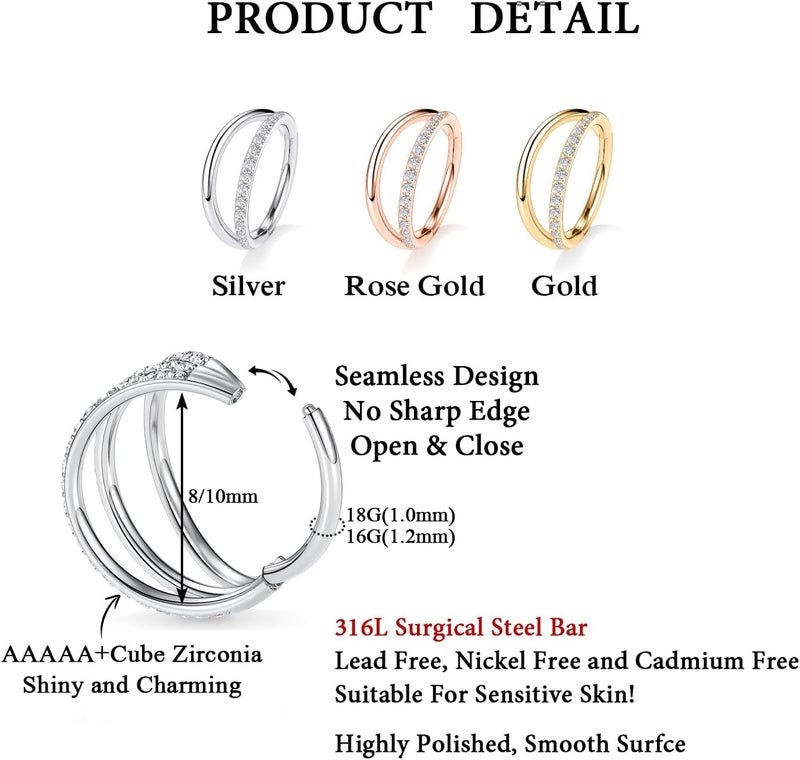 FUNLMO Store 316L Surgical Steel Nose Hoop Septum Conch Piercing Jewelry Cartilage Daith Helix Tragus Rook Lobe Earring Triple/Double Nose Lip Ring 20G 18G 16G - Image 2